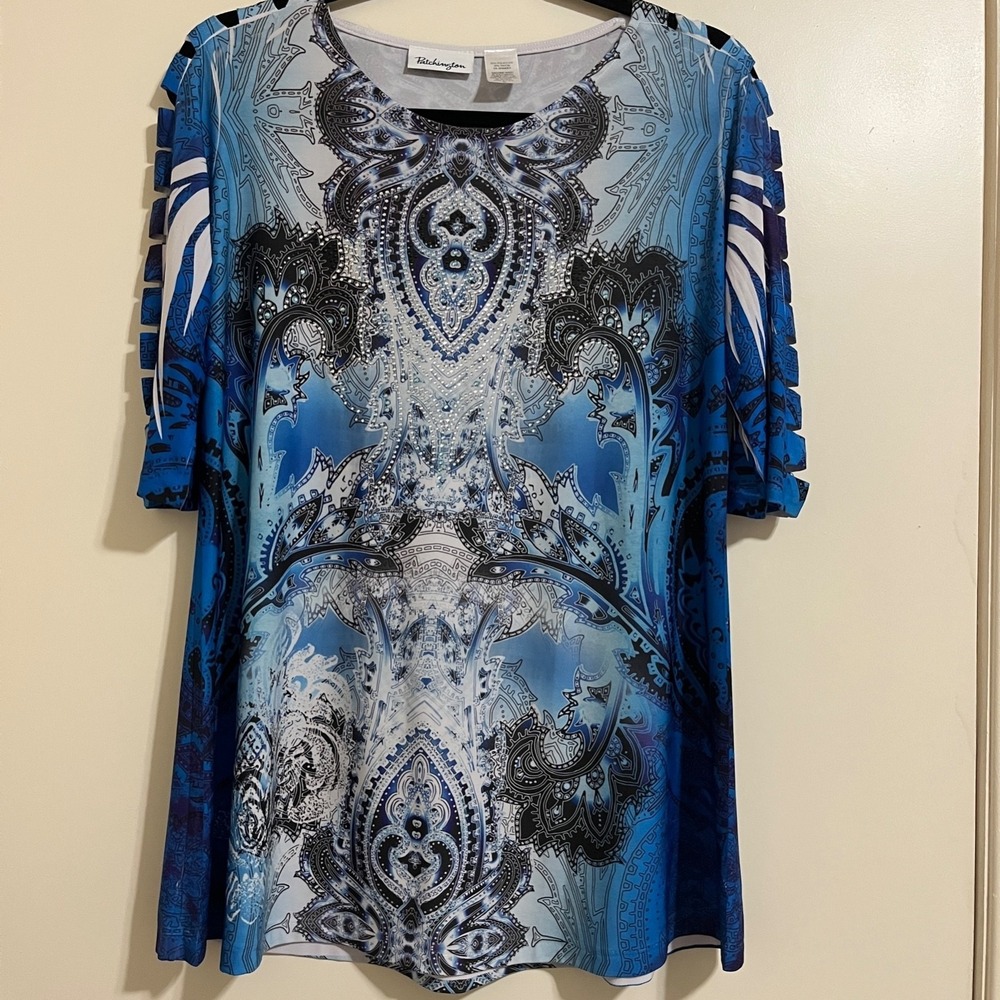 Patchington Paisley Tunic Small Blue Embellished Cold Shoulder Boho Festival Y2K